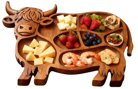 Highland-Cow Wood Serving Trays,Charcuterie Boards,Rustic Farmhouse Serving Board, Reusable Platter for Cheese, Meat, Snacks, Fruit, Cookies, Sandwich (B)