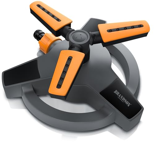 Brandson – Rasensprenger 3/4 Zoll - 360 Grad Viereckregner - 18 Düsen - unterschiedliche Abstrahlwinkel - rotierender Wassersprinkler – drei Arme – für große Flächen 314 qm – für Garten Pflanzen Beete