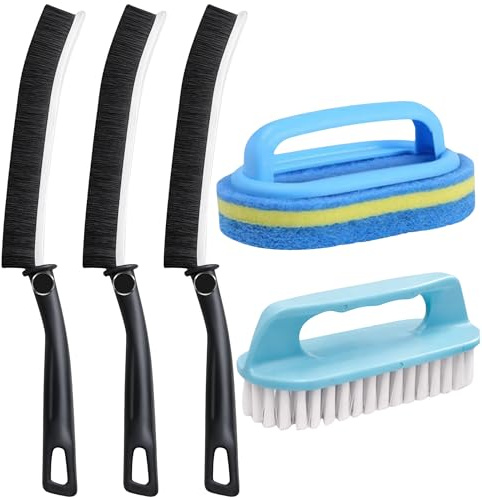 PARAHON 5-Piece Cleaning Brush Set Microfiber Scrub Brush, Hand Grip Scourer & 3 Crevice Brush Grout Brushes Bathroom, Kitchen, Tile, Grout, Sink & Surface Cleaning Tools