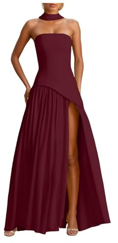 Vestido Largo Verano Mujer Sin Mangas Sin Tirantes Satén Fruncido Línea A Hombros Descubiertos Elegante Bodycon con Abertura Bufanda para Boda Fiesta Graduación Dama de Honor Invitada