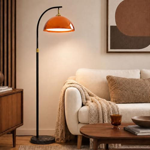 KlkrzJwy Lámpara De Pie Arc Estilo Mid-Century Modern Naranja, Altura Ajustable, Cúpula Acrílica Doble Capa, E27, 3 Temperaturas, Base Mármol, Para Salón, Dormitorio U Oficina (Incluye Bombilla)