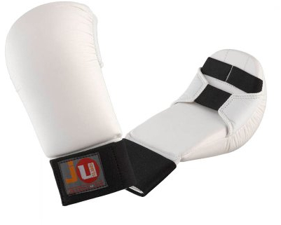 Ju-Sports Karate Handschuhe - weiß, Kunstleder I Gepolsterter Hände Schutz für Training & Wettkampf I Karate Handschutz mit 2 Schlaufen ohne Daumen I Größe M