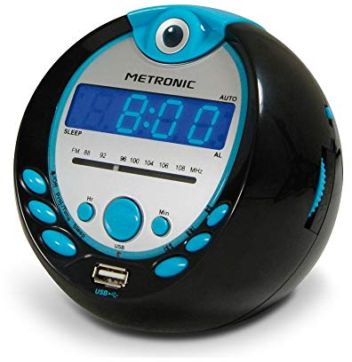 METRONIC 477016 Radio Réveil Projection Plafond Horloge Affichage Led Sportsman - Clock Alarme Matin Buzzer, FM, MP3 - Alimentation Prise Secteur - Bleu & Noir