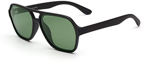 GLINDAR Pilot Lunettes de Soleil Polarisées Hommes Femmes Lunettes de Conduite Carrées Vintage Avec Double Pont(Cadre noir mat/Lentille verte polarisée)