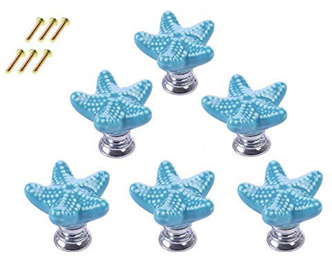 POFET 6 pcs Forme étoile De Mer Commode Tiroir Boutons D'armoire Poignée De Porte Vintage Poignée De Meubles En Céramique Pour Cuisine Armoire Armoire Chambre D'enfants Décorative - Bleu
