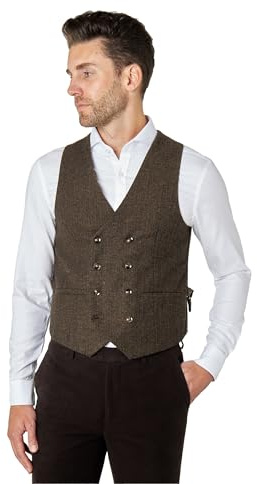 Xposed JAX Mens Herringbone Waistcoat Double Breasted Smart Retro Tailored Fit Waistcoat 1920s Vest [WDB-JAX-BROWN-42]