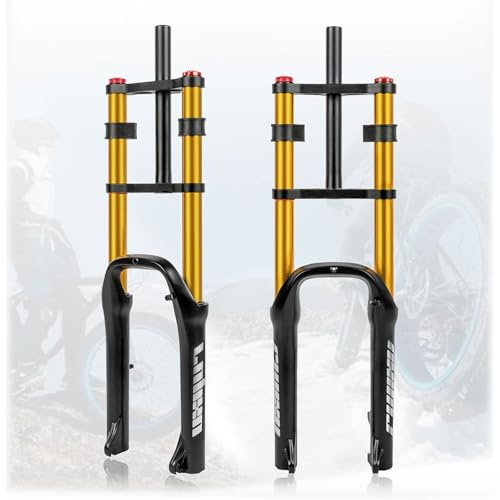LSRRYD 20 Inch Bike Fat Fork 4.0 Tire Air Suspension Fork Double Shoulder 1-1/8 Disc Brake QR 135mm Travel 110mm Adjustable Rebound for Snow Beach XC MTB Bicycle 2880g (Color : 20'' Gold)