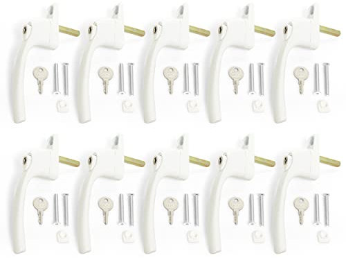 UPVC Window Handle in White, 10 Pieces, Locking Universal Inline Espag Double Glazing Window Handles, 40mm Spindle, Window Handles for UPVC Windows