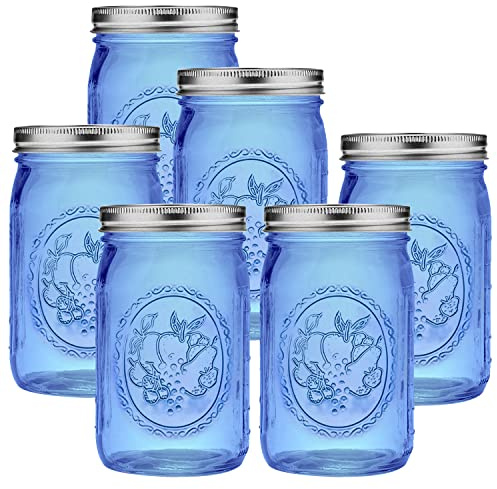 eleganttime Blue Wide Mouth Mason Jars 32 oz,6 Pack Colored Quart Glass Canning Jars with Airtight Lids for Canning,Pickling,Storage,DIY Crafts & Décor