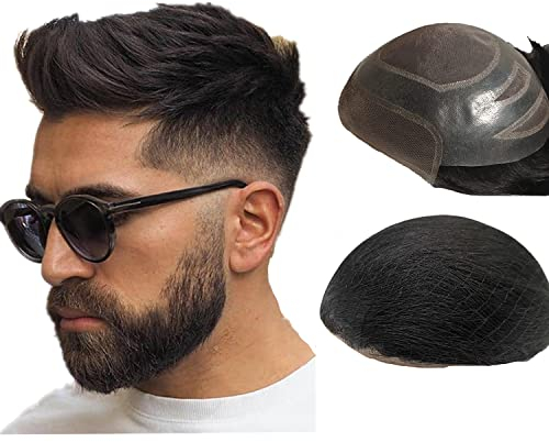 NLW Toupet Echthaar Männer 0.04 mm Thin Skin PU with Lace Toupet Herrenperücken 8 * 10 Base Herren Echthaar perücke 110% Density(#1B naturschwarz)