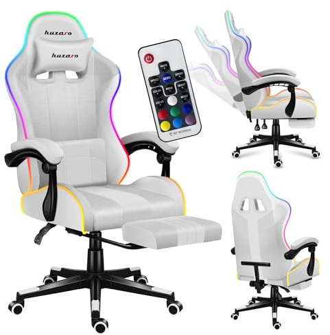 huzaro Force 4.7 Chaise de Gaming Éclairage LED RGB | Ergonomique | Charge Max 140 kg | Double Inclinaison | Accoudoirs | Coussin Lombaire | Repose-Pieds | Maille RVB | Couleur Blanche