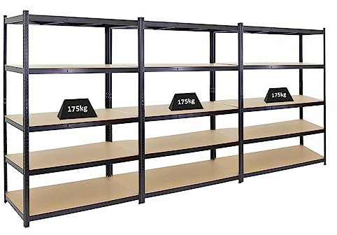 PROREGAL Mega Deal Taurus Lot de 3 étagères pour charges lourdes, noires, 180 x 120 x 60 cm, avec charge de 175 kg, pour cave, garage, rangement