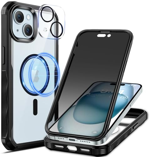 seacosmo för iPhone 15 Privacy Skal, Kompatibelt med Magsafe, Anti-Peep Inbyggt Sekretess Skärmglas och Linsskydd i Härdat Glas, 360 Grader Stötsäkert Mobilskal, Magnetiskt Fodral, Svart