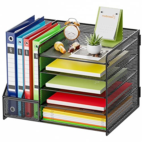 Marbrasse Schreibtisch Organizer mit Aktenhalter, 5 Ebenen Papier Briefablage mit Schublade und 2 Stiftehalter,Schreibtisch Netz Ablagefächer Organizer mit für Büro Bedarf (Schwarz no Schublade)
