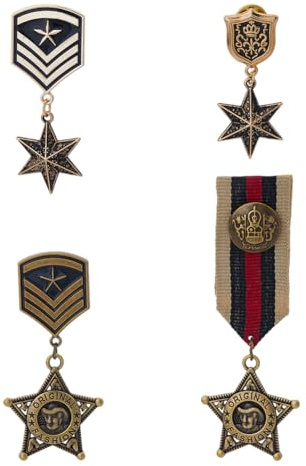SUPerfINDINGS 4 st 4 stilar vintage militära medaljer geometrisk stjärna metall medalj bricka uniform kostym tillbehör med epuletter och band för armé soldat kostym kappa, Metall