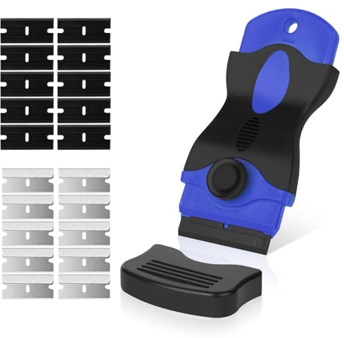 Flintronic Schamotte, Enkeltskaft Schamotte, med 20 Blad (10 i Rostfritt Stål och 10 i Plast), Multifunktionell Rengöringssats, Rengöringsverktyg för Fönster, Speglar, Kakel - Blå