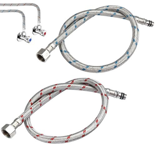 2 Stück 60 cm Anschlussschlauch Armatur,G3/8 x M10 Flexschlauch Verlängerung,Wasserhahn Schlauch Verlängerung,Geflochtener Edelstahl Panzerschlauch 3/8 Zoll für Mischbatterie Küchenarmatur,Rot & Blau