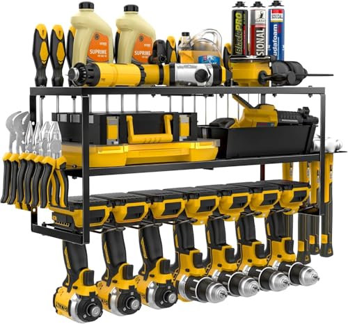Hanured® Porta attrezzi da parete, Organizer per utensili elettrici con 7 Supporto Trapano e supporto per cacciavite laterale, per l'organizzazione del garage