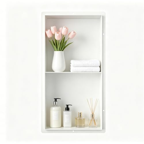 Bernkot Ducha de acero inoxidable cepillado, 60 x 30 x 10 cm, con estantes dobles, no requiere azulejos, nicho de pared para almacenamiento de baño, montaje a ras de superficie, color blanco