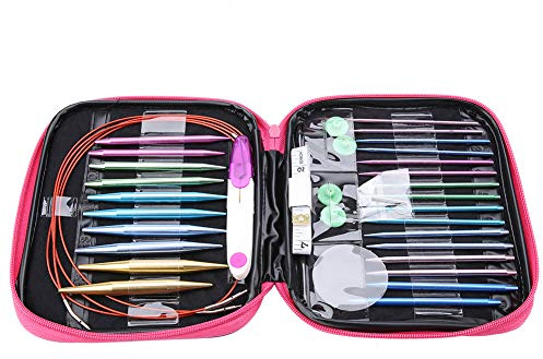LetCart Set di 26 ferri da maglia in alluminio con custodia, ferri circolari da 2,75-10 mm e fili in plastica, per maglioni, sciarpe, manici ergonomici in 4 misure (aghi da 10 cm + corde da 32-55 cm)
