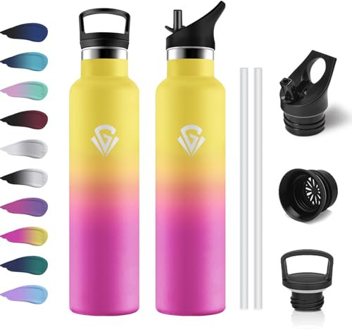 Gourde Isotherme 1L, Bouteille en Acier Inoxydable, Gourde Inox avec Paille, Étanche & Réutilisable, sans BPA, Bouteille d'eau Isolée, Gourde pour Enfant, Adultes, École, Alpinisme, Randonnée