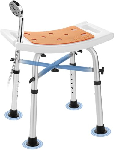 KSITEX Tabouret de Douche, Chaise de Bain avec Siège Rembourré, Banc de Bain Réglable en Hauteur Tabouret de Douche avec Support à Barre Transversale Renforcée