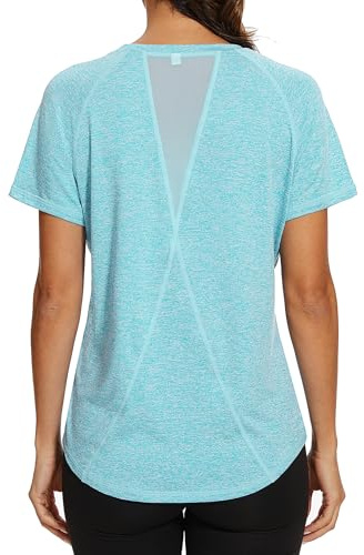 Gyabnw Camiseta Deportiva para Mujer Camisetas de Gimnasia Espalda Malla Ajuste Holgado Yoga Camiseta para Correr Ligera Que Absorbe la Humedad Cuello Redondo Manga Corta para Damas