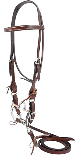 Jeereal Working Tack Browband Bridle with Single Cheek Buckle Includes Stainless Steel 5 Correction Bit,5/8 x 7' Leather Split Reins and Leather Single Flat Link Chain Curb Strap