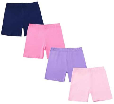 CHUNG Lot de 4 shorts de motard en coton pour filles, pour la danse, le yoga, le jeu, uniforme scolaire, vêtements d'été basiques pour enfants, 4 paires - bleu marine/rose vif/violet/rose clair, 3-4