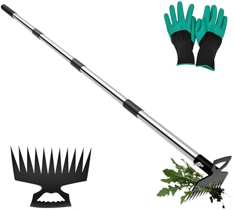 ATLRGISL Weeding Puller Tool with Long Handle, 11 Tooth Manual Weed Rake Weeder Remover Tool Gardening with Gloves, Dandelion Gardenia Uprooting Tool for Yard, Lawn, Patio and Garden