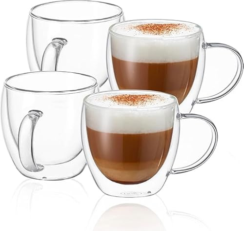 AyrXyrisma8oz Glass Coffee Mugs Set of 4, Double Walled Insulated Thermal Mugs for Latte Cappuccino Cocoa Milk Cafe Juice Tea, Clear Espresso Cups Set Glassware Gift for Christmas Birthday