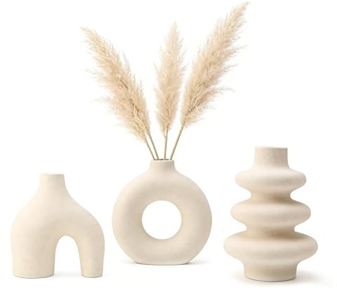 Jarrones de cerámica blanca, juego de 3, jarrones decorativos minimalistas para hierba de la pampa, jarrón decorativo para el hogar moderno, jarrón decorativo de interior para estilo nórdico, para