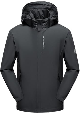 AMZSPORT Hombre Impermeable Chaqueta Cortavientos Ligera y Plegable Transpirable para Senderismo,Running,Viajes,Senderismo,Gris M