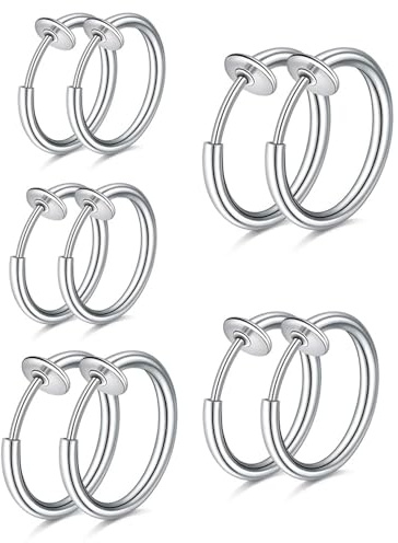 HUVZOR 5 paires de boucles d'oreilles clips en acier inoxydable pour femmes, hommes ou filles, sans perçage, imitant les boucles d'oreilles anneaux (Argent)