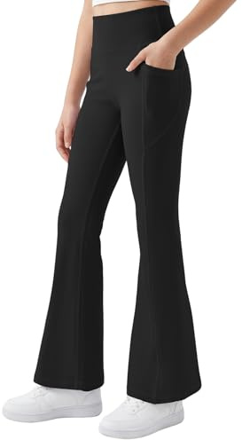 JinBei Leggings Schlaghose Mädchen Sportleggings Kinder Hohe Taille Weich Elastische Yogahose mit 2 Taschen Bequem Sporthose Jogginghose Turnhose Lang Hosen Teenager Schwarz für 152-158