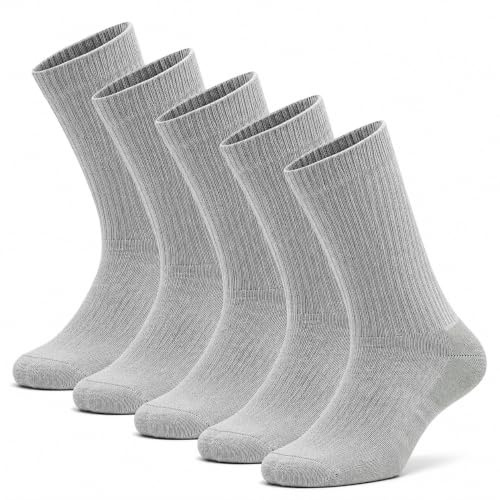 AMELLE® 5 Pairs Grey Men’s Heavy Duty Work Socks Crew Length 9-12 UK Thick Cushioned Sport Socks with Arch Support, Breathable Ventilated Mesh, Reinforced Heel & Toe 4 Stripe (5, Grey)