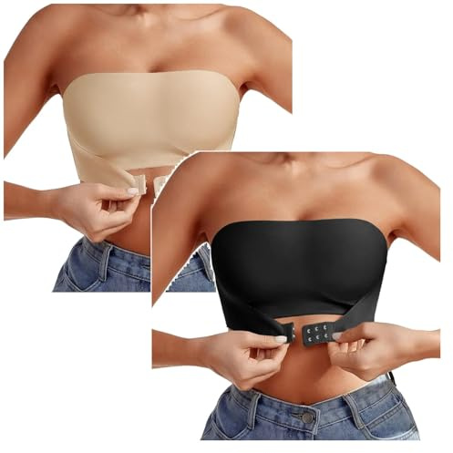 Lot de 2 Soutien Gorge sans Bretelles Invisible Femme Bandeau Dos Nu Brassière Strapless Bra Anti-Dérapant Invisible Boucle Avant Réglable Poitrine Extensible Robe Mariage sans Armatures Quotidien