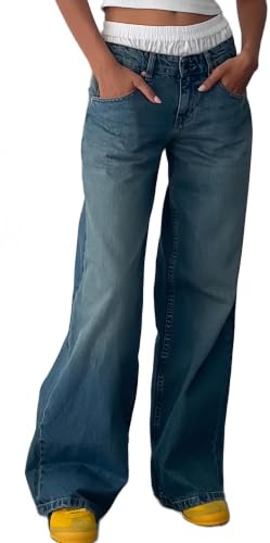 Baggy Jeans Dam Y2k lösa raka jeans låg midja jeans för kvinnor bjällra byxor för kvinnor säckiga byxor för dam
