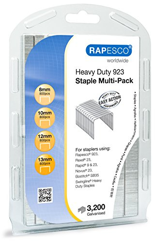 Rapesco 1246 Assorted Type 923 Galvanised Heavy Duty Staples, 8, 10, 12 and 13 mm, Pack of 3200
