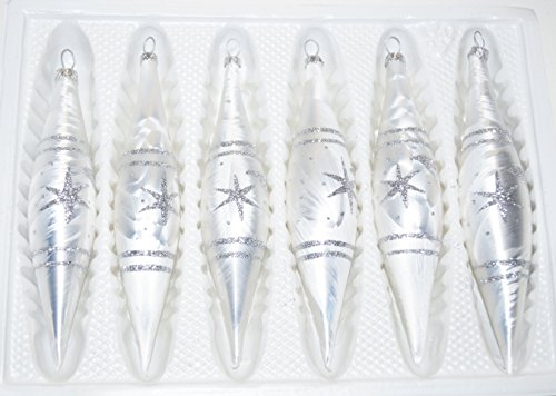 6 tlg. Glas-Zapfen Set inIce Weiss Silber Komet - Christbaumkugeln - Weihnachtsschmuck-Christbaumschmuck