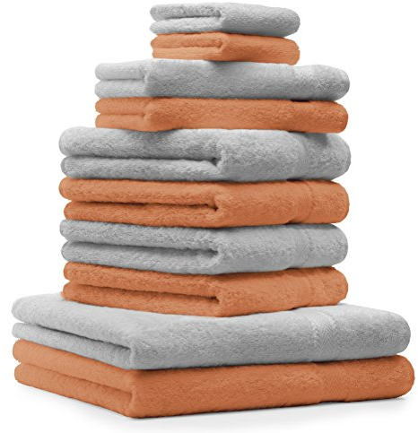 Betz 10-TLG. Handtuch-Set Premium 100% Baumwolle 2 Duschtücher 4 Handtücher 2 Gästetücher 2 Waschhandschuhe Farbe Orange Terra & Silber Grau