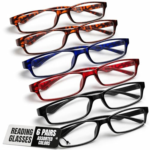 Boost Eyewear 6 Pack Reading Glasses in Black, Tortoise, Blue, Red for Men/Women, Spring Hinges, Assorted Colors (+2.50)