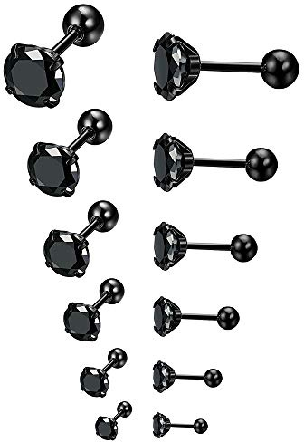 Epoch World 6 Paires Acier Inoxydable Boucles d'Oreilles Homme Femme Fille Clou d Oreille, Boucle d'Oreille Hommes Diamant, Boucle d Oreille Noir Homme, Boucle d'Oreille Diamant Noir Piercing 3-8MM