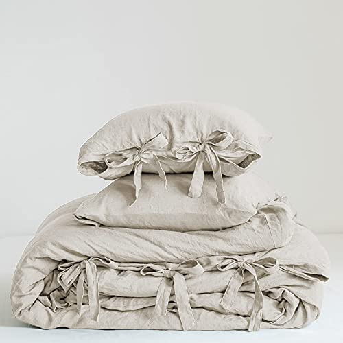 Simple&Opulence - Set di biancheria da letto in 100% lino lavato con bottoni in noce di cocco, con 1 copripiumino e 2 federe (chiusura in lino, King)
