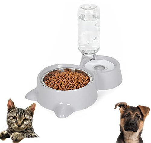 Bols pour Animaux De Compagnie, Gamelle pour Chat, Double Gamelle Chat Surélevée, Bol De Chat en Acier Inoxydable, Convient Aux Chiens Et Chats De Petite Et Moyenne Taille(Gris)