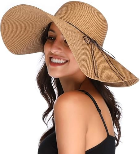 Lanzom Womens Wide Brim Straw Hat Floppy Foldable Roll up Cap Beach Sun Hat UPF 50+