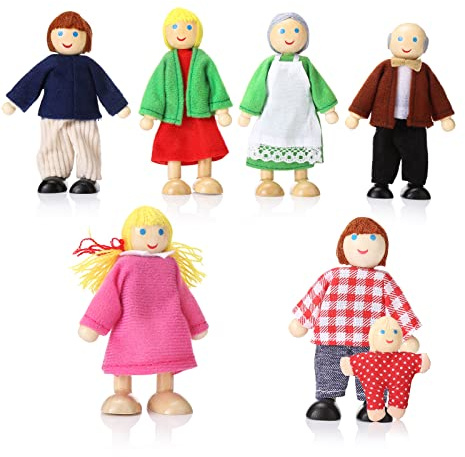 Jzszera Wooden Dollhouse Family Set of 7, Mini Figures for Pretend Play, Classic Doll House Accessories for Kids & Toddlers
