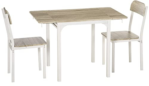 HOMCOM 3 TLG Esszimmergruppe Essgruppe mit 2 Stühlen und 1 Tisch Esstisch Set mit Klappbarer Tischplatte für Küche kleine Raume Stahl MDF Natur+Weiß 110 x 70 x 75 cm