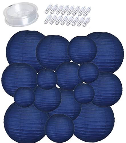 Enparez 16 Pack Navy Blue Paper Lanterns with Lights Included 6 /8 /10 /12 Hanging Decorative Chinese Paper Lantern for Wedding DIY Graffiti Baby Shower Birthday Party Decorations