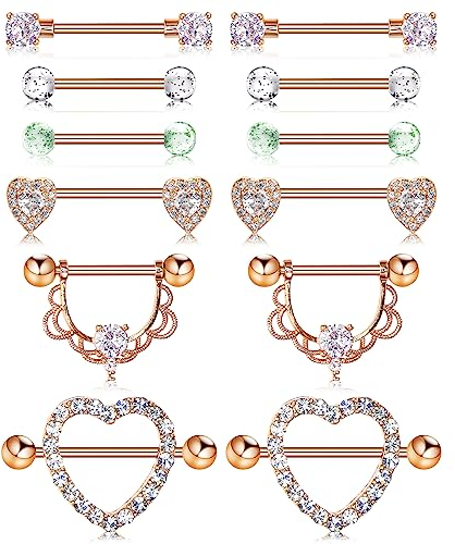 Bewudy 6 Paare Nippel-Piercing-Ringe, Body-Schmuck für Frauen, Barbells Damen (Gold)